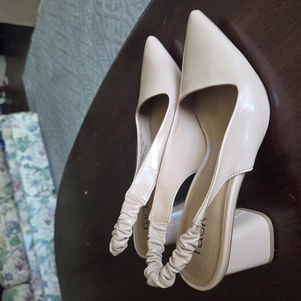 Cream Block Heel Pumps with Ruched Detail
